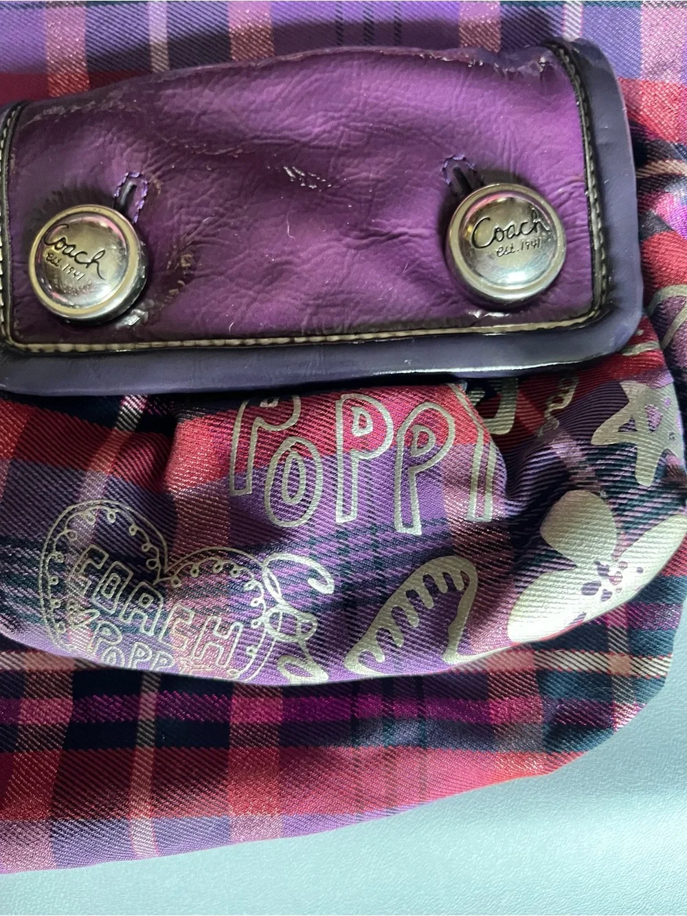 Coach Poppy Purple Pink Black Metallic Tartan Plaid Shoulder Crossbody Hobo Bag